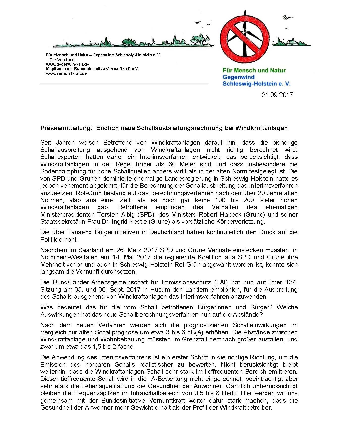 Neue Schallausbreitungsrechnung bei Windkraftanlagen 21.09.2017